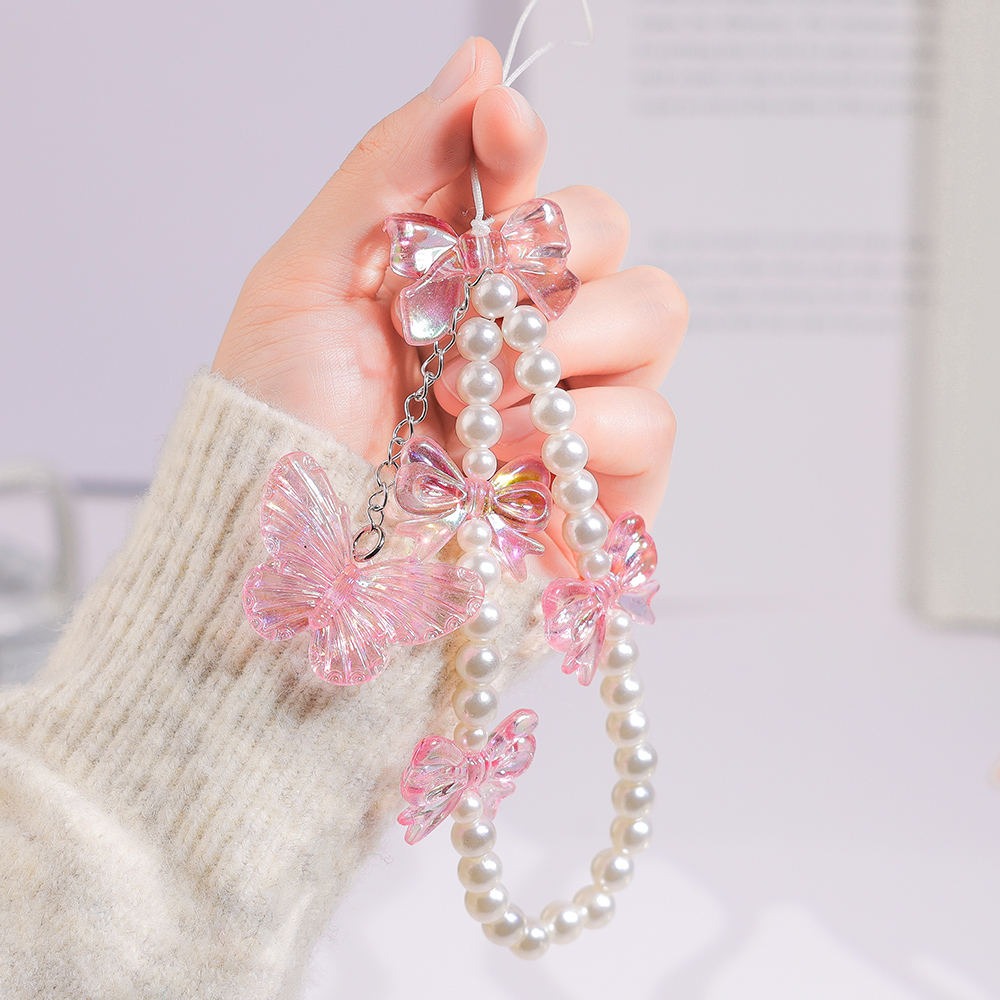 Phone Accessories Hanger - Pink Butterfly Pearl Bow Phone Chain